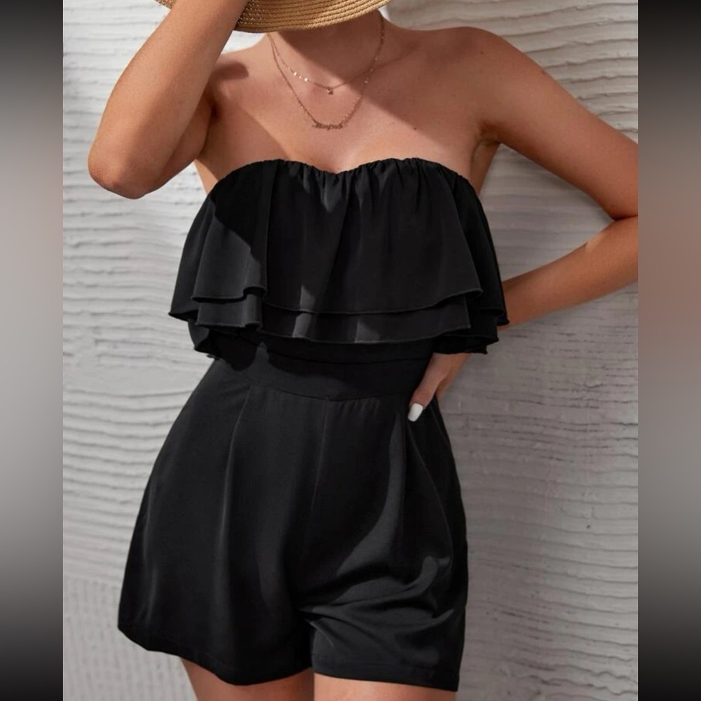 A1 - #48 Black strapless ruffle trim romper size medium